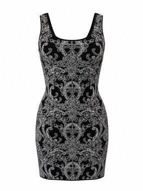 Mossimo Black and Silver White Baroque Mini Dress Size M Y2K Clubwear Knit